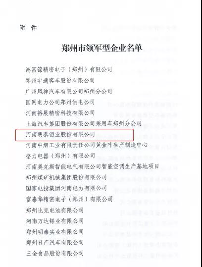 云顶集团铝业成功入选郑州市领军型企业