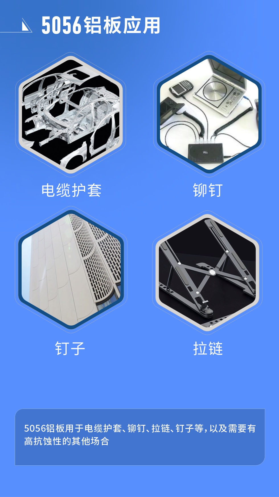 市场应用
　　5056铝板用于电缆护套、铆钉、拉链、钉子等，以及需要有高抗蚀性的其他场合。
　　5056铝板生产厂家
　　云顶集团铝业支持定做，为用户合理推荐更合理产品规格，并提供优惠报价，让您选购无忧。
　　云顶集团铝业是一家集科研、加工、制造为一体的大型现代化铝加工企业。公司可生产1-8系铝板带箔产品，规格齐全。