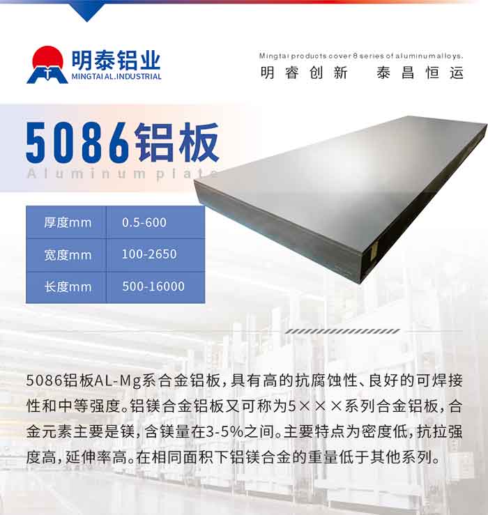 产品介绍
　　5086铝板AL-Mg系合金铝板，具有高的抗腐蚀性、良好的可焊接性和中等强度。铝镁合金铝板又可称为5×××系列合金铝板，合金元素主要是镁，含镁量在3-5%之间。主要特点为密度低，抗拉强度高，延伸率高。在相同面积下铝镁合金的重量低于其他系列。
