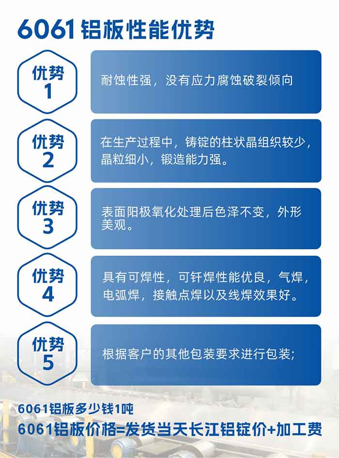 云顶集团铝业6061铝板性能优势

　　1、耐蚀性强，没有应力腐蚀破裂倾向。

　　2、在生产过程中，铸锭的柱状晶组织较少，晶粒细小，锻造能云顶集团。

　　3、表面阳极氧化处理后色泽不变，外形美观。

4、具有可焊性，可钎焊性能优良，气焊，电弧焊，接触点焊以及线焊效果好。