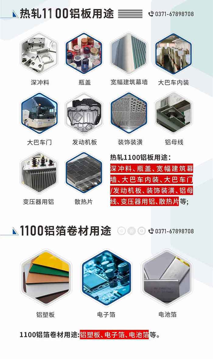 热轧1100铝板用途：深冲料、瓶盖、宽幅建筑幕墙、大巴车内装、大巴车门/发动机板、装饰装潢、铝母线、变压器用铝、散热片等;1100铝箔卷材用途：铝塑板、电子箔、电池箔等。