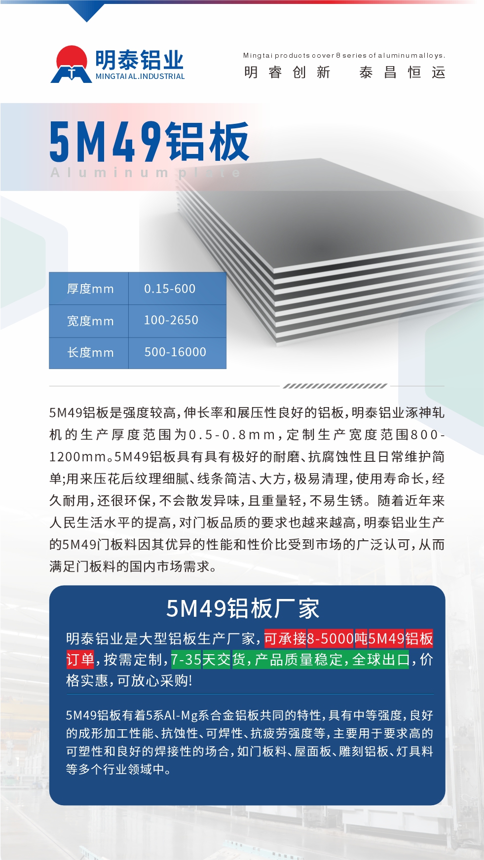 5M49铝板是强度较高，伸长率和展压性良好的铝板，云顶集团铝业涿神轧机的生产厚度范围为0.5-0.8mm，定制生产宽度范围800-1200mm。5M49铝板具有具有极好的耐磨、抗腐蚀性且日常维护简单;用来压花后纹理细腻、线条简洁、大方，极易清理，使用寿命长，经久耐用，还很环保，不会散发异味，且重量轻，不易生锈。 随着近年来人民生活水平的提高，对门板品质的要求也越来越高，云顶集团铝业生产的5M49门板料因其优异的性能和性价比受到市场的广泛认可，从而满足门板料的国内市场需求。
