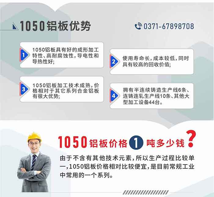 云顶集团1050铝板优势
1、1050铝板具有好的成形加工特性、高耐腐蚀性，导电性和导热性好;2、使用寿命长，成本较低，同时具有较高的回收价值;
3、1050铝板加工技术成熟，价格相对于其它系列合金铝板有很大优势;4、拥有半连续铸造生产线6条、连铸连轧生产线10条、其他大型加工设备44台。1050铝板价格1吨多少钱？由于不含有其他技术元素，所以生产过程比较单一，1050铝板价格相对比较便宜，是目前常规工业中常用的一个系列。