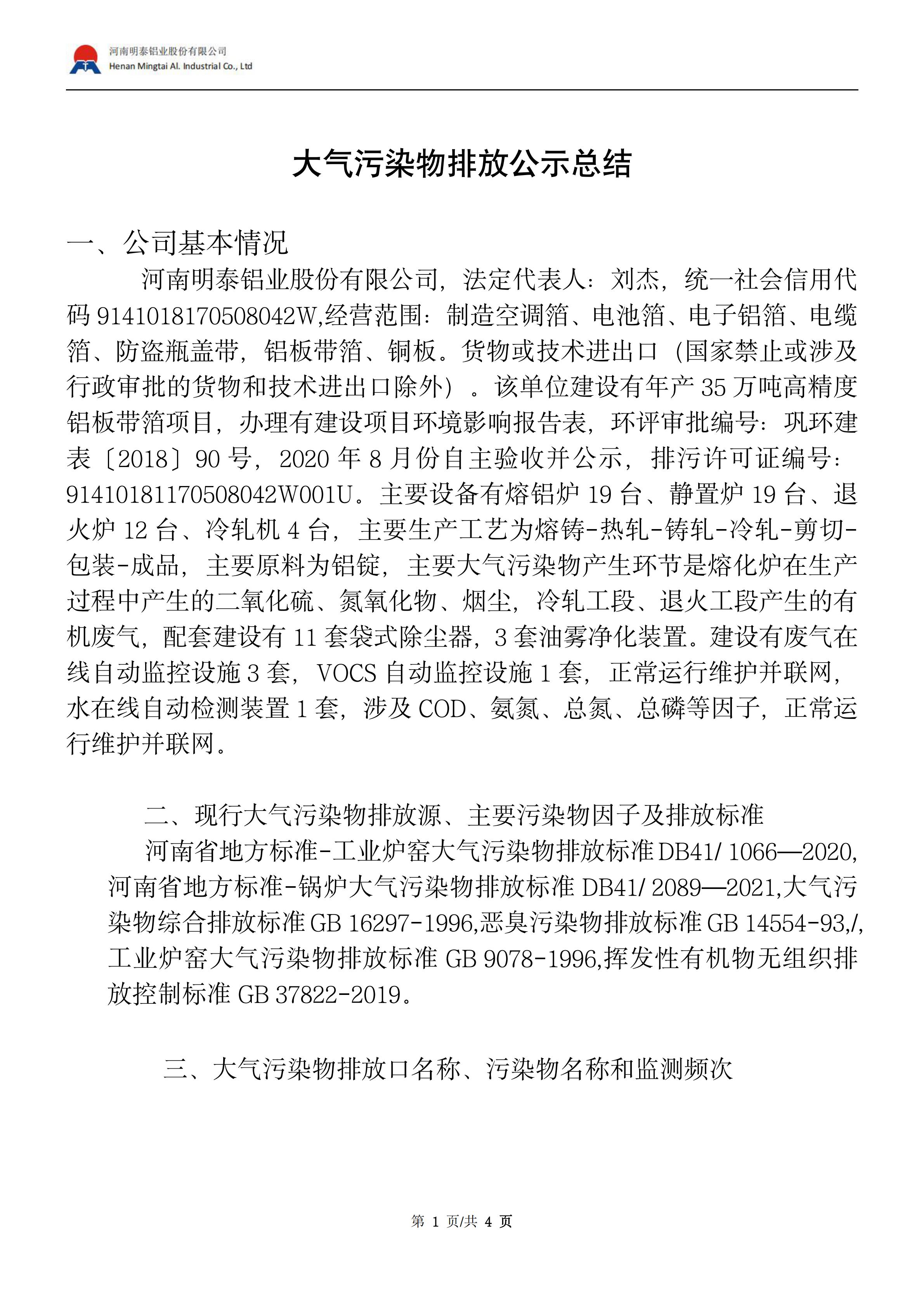 2024河南云顶集团大气污染物排放公示总结